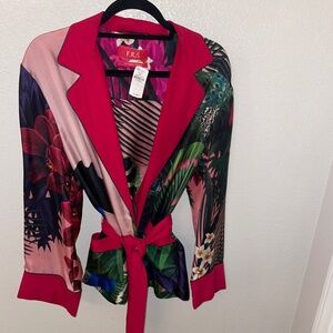 F.R.S For Restless Sleepers 100% Italian Silk Tropical Printed Belted Jacket SzM
